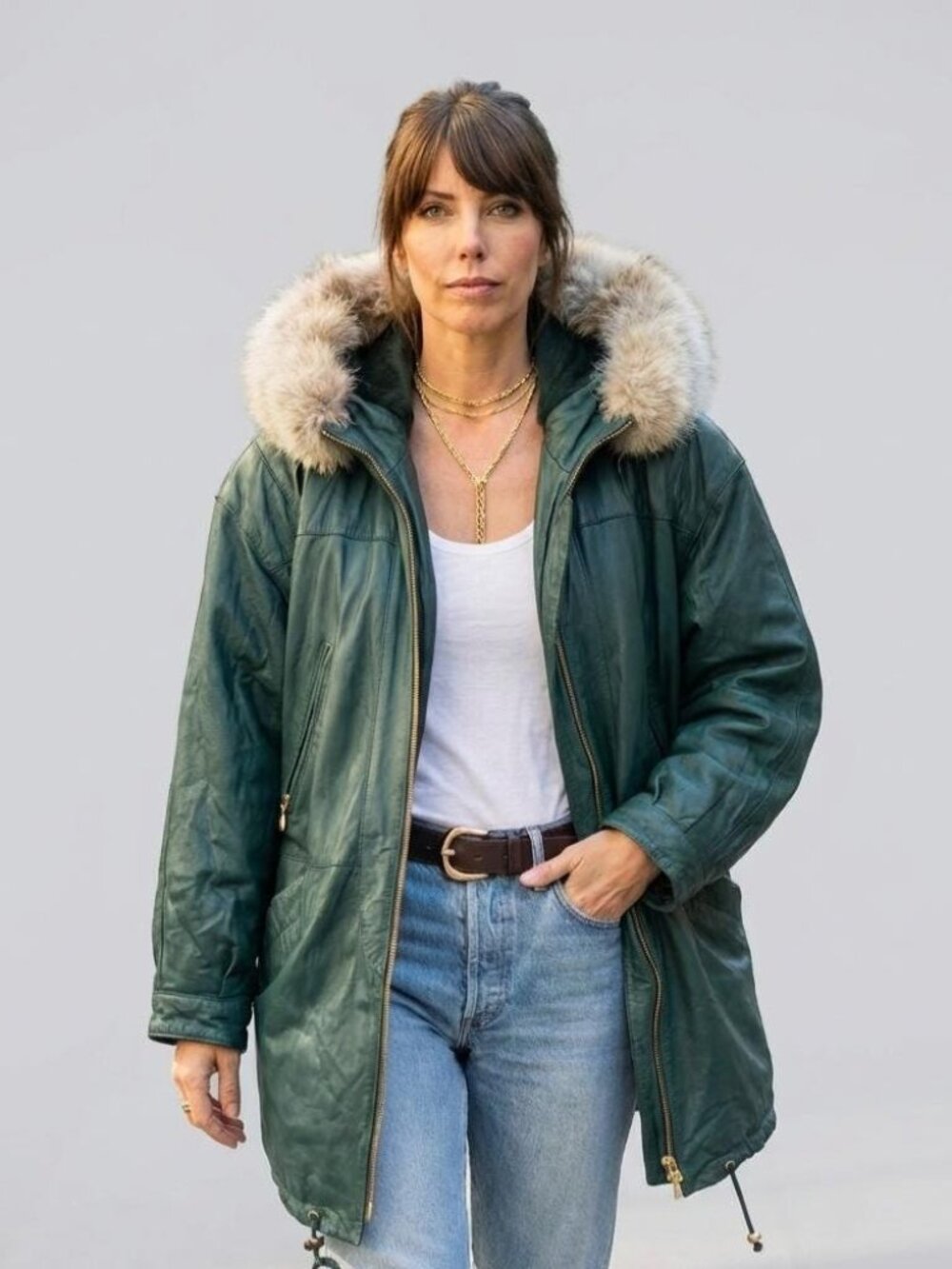 Vintage Green Leather Parka Coat with Fur Hood Women's Winter Jacket L